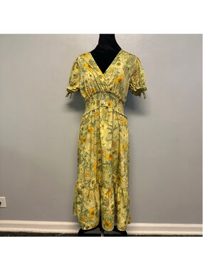 Indulge Green Yellow Floral Midaxi Dress women’s Size Large V-Neck Cinch waist